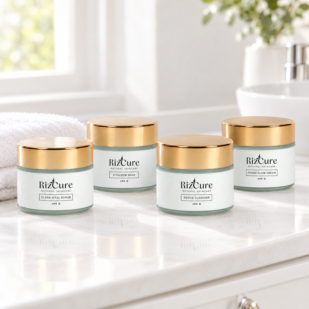 RizCure Brightening Skin Bundle products on a bathroom vanity